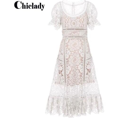 CHICLADY French Vintage Midi Dress Women Puffer Sleeve Square Collor Office Elegant Dress Female 2021 Spring Summer Lace Luxury