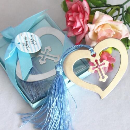 10pcs Hollow Heart-shaped Cross Metal Bookmark with Blue Tassel Design Bookmark Exquisite Wedding Baby Shower Party Favors Gifts