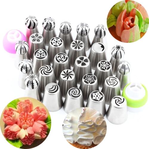 10Pcs Sphere Icing Piping Nozzles+16Pcs Stainless Steel Flower Russian Tips Party+2Pcs Coupler Biscuits Pastry Decorating Tool