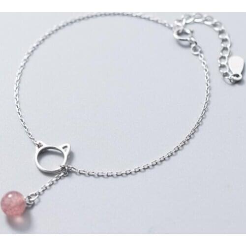 100% Real. 925 Sterling Silver Fine Jewelry Open Cat Kitten Rose Strawberry Quartz Stone chain Bracelet LS759