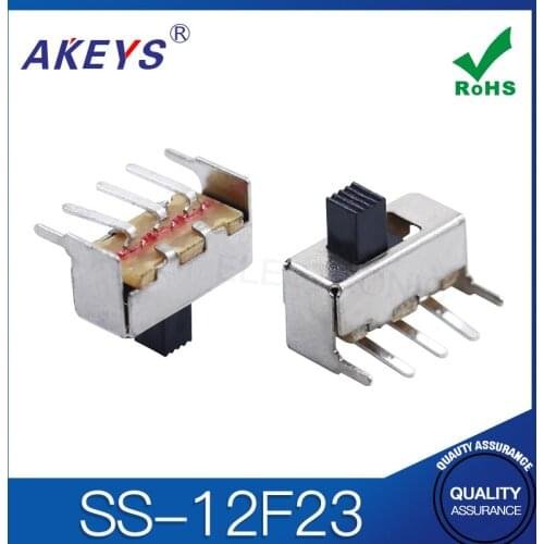 100PCS SS-12F23 1P2T Single pole double throw slide switch verticle type 3 pin bend pin with 2 fixed pin