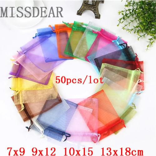 50pcs/lot 7x9 9x12 10x15 13x18cm Small Organza Bag Wedding Decoration Charms Jewelry Packaging Bags Drawstring Gift Bag Pouches