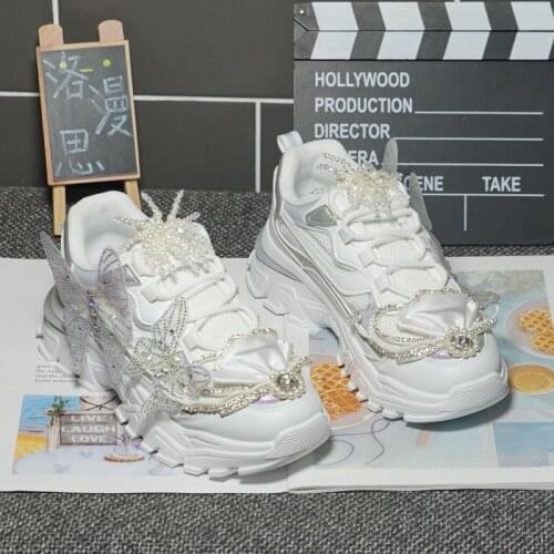 2021 new fashion brand heavy industry rhinestone butterfly white old shoes thick-soled sports casual shoes