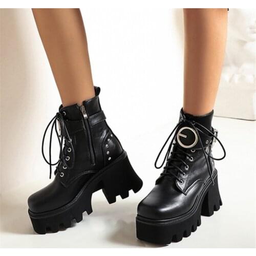 PXELENA Buckle Rivet Platform Boots Punk Gothic Women Chunky Block High Heels Combat Military Motorcycle Boots Cosplay Creepers