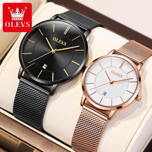 OLEVS Couple Watch Minimalist and ultra-thin Watch Stainless Steel Mesh Belt Quartz Waterproof Wristwatches for Men Auto Date