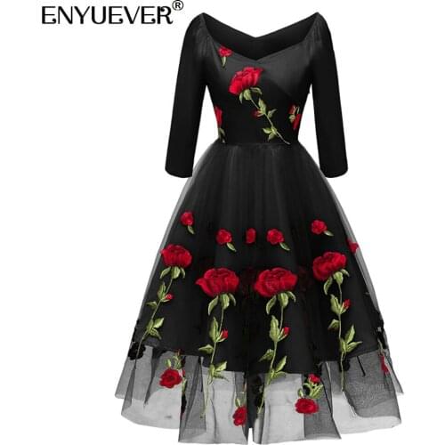 Enyuever Black Vintage Dress Women Clothing Jurken Winter Sleeve Embroidered Rose Floral Mesh Christmas Party Dress Vestidos