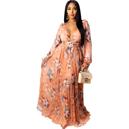 Cutubly Deep V-Neck Sexy Dresses For Women Spring Floral Printing Maxi Dress Pleated Party Dress Lantern Sleeve Sashes Dresses