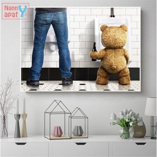 Humor Canvas Painting Funny Teddy Bear Man In Toilet Poster Hd Print Modern Bathroom Decoration Wall Art Picture Home Decor