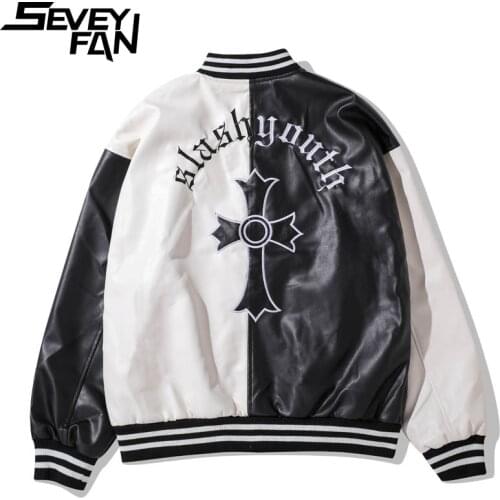 SEVEYFAN Mens Fashion Cross Embroidery PU Leather Jackets Color Contrast Patchwork Baseball Jacket Hip Hop Coat for Male