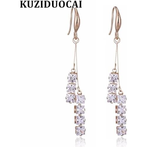 Kuziduocai New Fashion Jewelry Will Not Fade Cuboid Tassel Elegant Lady Zircon Stud Earrings For Women Gifts Pendientes E-538