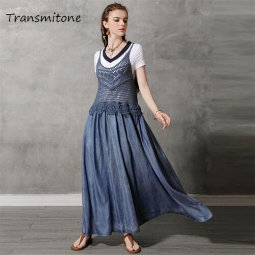 Summer Denim Lace Dress 2019 Vintage Sexy Mesh Hollow out Sundress A line Women Dresses Vestidos Patchwork Dress KE82178