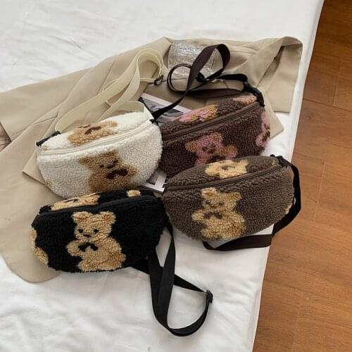 Zipper Messenger Pouch Female Phone Purses Women Plush Cartoon Bear Printed Fanny Waist Packs Fashion Ladies Chest Bag
