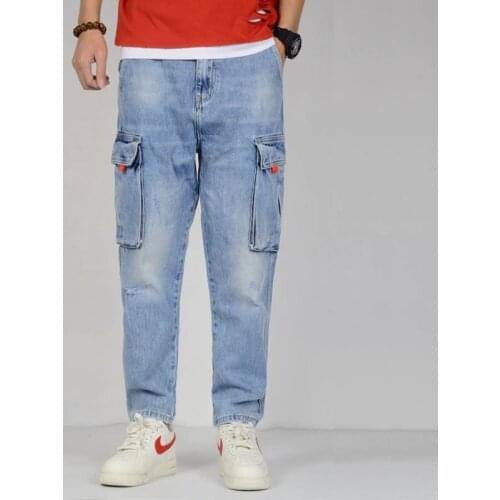 Mens Stretch Jeans big Pocket Loose Baggy Hip Hop Cargo Jeans Men Tapered Pants Korean Jeans Men