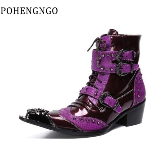 Fashion Rivets Real Leather Men Lace Up Cowboy boots Metal Pointed Toe Ankle Boots Height Increasing luxury Party Dress Boots