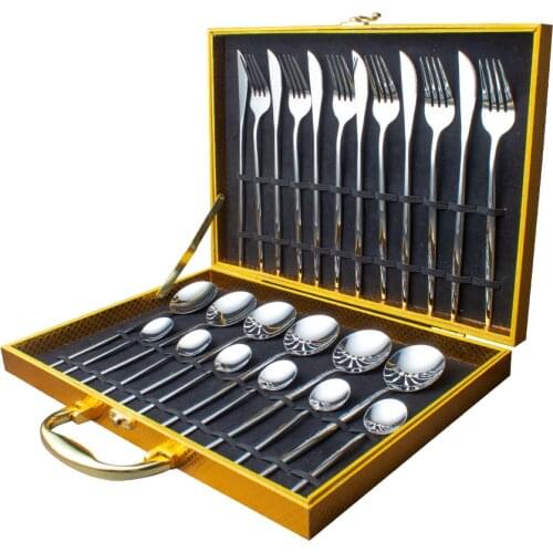 24pcs Gold Dinnerware Set Mirror Tableware Set Stainless Steel Knife Fork Coffee Spoon Flatware Set Cutlery Set Dishwasher Safe