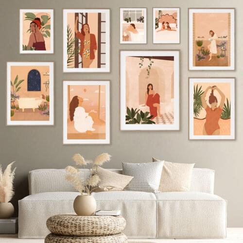 Boho Woman Palm Leaf Abstract Bathroom Wall Art Canvas Painting Nordic Posters And Prints Wall Pictures For Living Room Decor