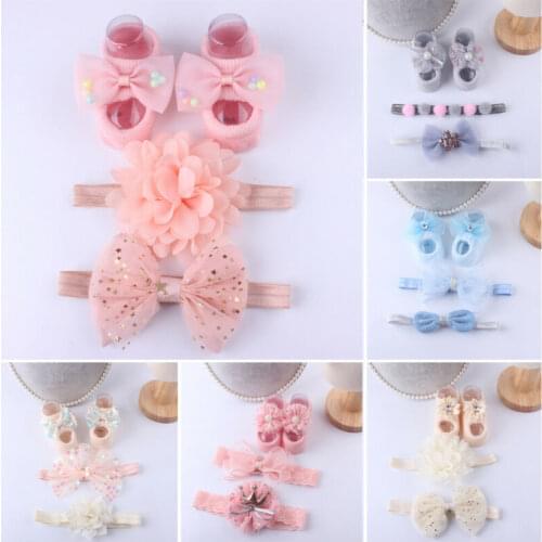 Kids Newborn Baby Girls Boys Cartoon Socks Anti-slip Sock Shoes Boots Floor Slipper Socks+Headband