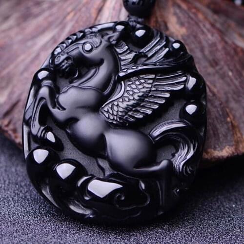 Natural Obsidian Pegasus jade Pendant Necklace Man Exquisito Jewellery Fashion Accessories Hand-Carved Luck Amulet Gifts