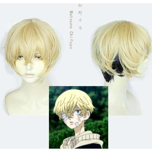 New Anime Tokyo Revengers Cosplay Matsuno Chifuyu Cosplay Wig Short Blonde Black Heat Resistant Synthetic Hair Wigs + Wig Cap