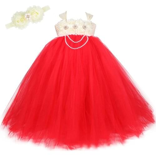Beige & Red Flower Girl Princess Dress Costume Crystal Pearls Tulle Kids Tutu Dresses for Girls Party Pageant Wedding Ball Gown