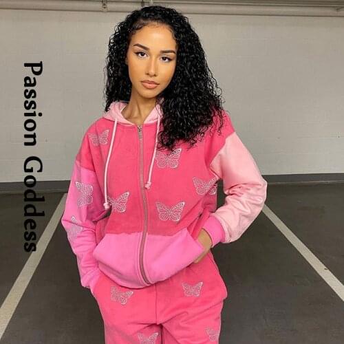 Casual Women Hot Drilling Butterfly Hoodies & Sweatshirts Zipper Oversized Batwing Sleeve Hoodies Sweatshirt Loose Tracksuits