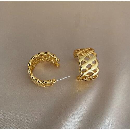 Gold plated C shape mesh style earrings stud entry lux shiny jewelry mother day gift