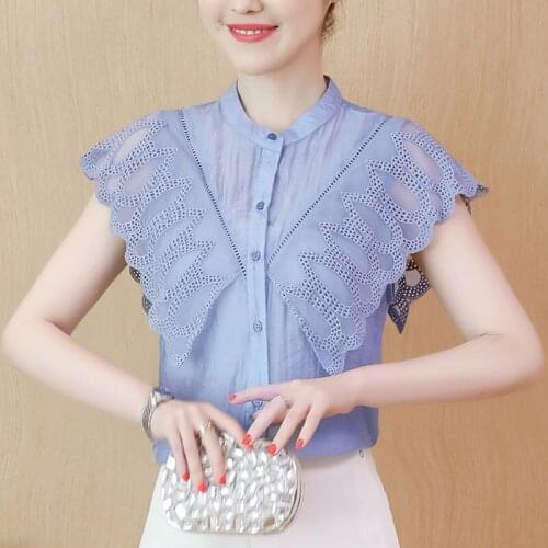 Shot Stand Collar Shirt Lace Stitching Sleeveless Chiffon Top Blusas Mujer De Moda 2021 White Dropshipping Elegantes Solid 0167