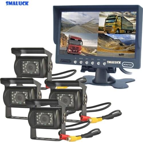 SMALUCK 7" 4 Split QUAD Rear View Monitor Car Monitor + 4 x CCD IR Night Vision Rear View Camera Waterproof for Truck Bus