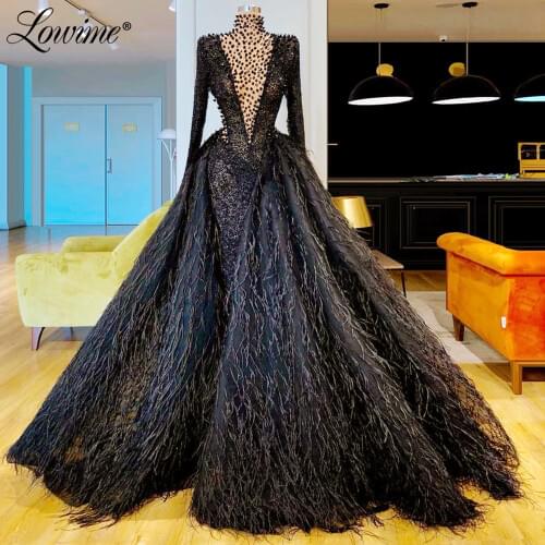 Gorgeous Saudi Arabic Black Evening Dress Long Sleeves Prom Dresses Beaded Formal Party Gowns Vestidos De Gala Abendkleider 2020