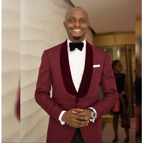 Groomsmen Dark Red Pattern Groom Tuxedos Shawl Velvet Lapel Men Suits 2 Pieces Wedding Best Man Blazer ( Jacket+Pants+Tie ) C593