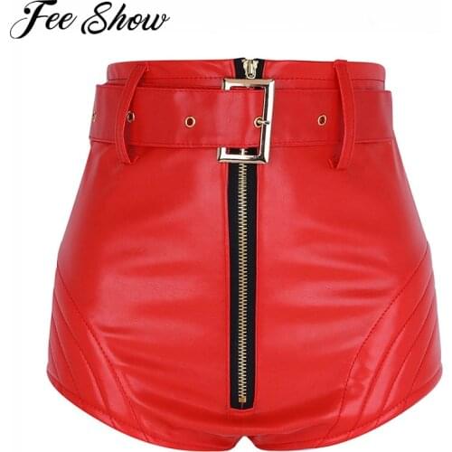 Womens Sexy Wet Look PU Leather Hot Shorts Clubwear Front Zipper Women High Waist Shorts Slim Fit Booty Shorts Bottoms with Belt