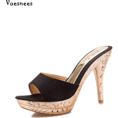 2019 Summer Women Slippers PVC Crystal High Thin Heels 11.5CM Mules Platform Outside Ladies Slippers Sexy Women Shoes Sandals