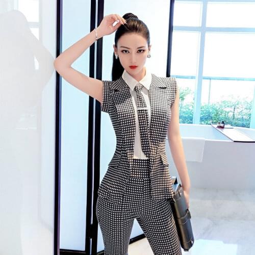 2021 Summer Womens Sleeveless Blazer Three Pieces Set Fashion Plaid Pullover Work Suits Office Lady Blouse Tops Trousers Sets