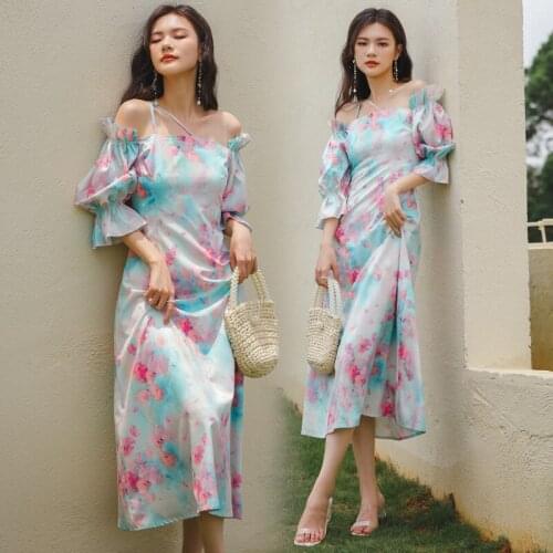 Women Long Tie Dye Floral Slip Dress Summer 2021 Runway Elegant Korean Retro Fairy Vintage Boho Beach Vacation Party Vestidos