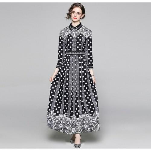 2021 New Autumn Elegant Temperament Palace Style Vestidos Female Lapel Long-sleeved Breasted Polka Dot Print Long Dress DF403