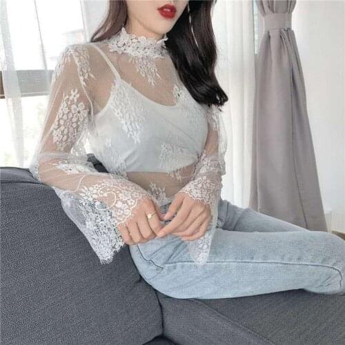 Blouse Women Lace Mesh Stand-Collar Gauze Horn Long-Sleeve Womens Top Hollow out Blusas Ropa De Mujer