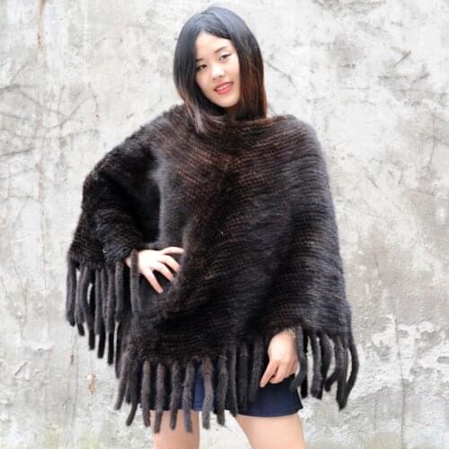 CX-B-M-10A Real Mink Cape Fur Mink Knitted Tassel Large Cape Scarf Mink Fur Fashion Pullover Shawl