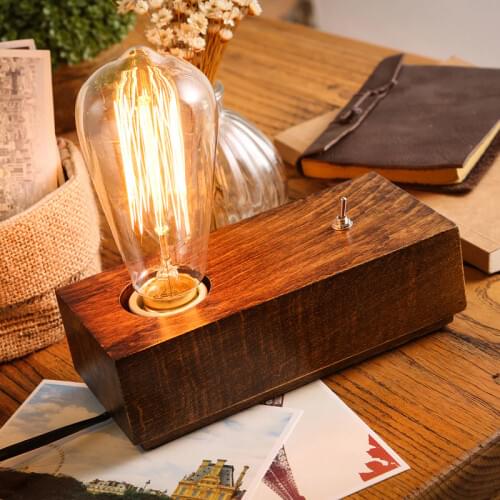 Wood creative personality study Table Lamp Nordic modern Edison Bulb Reminisced bedroom bed square wooden For Living Room