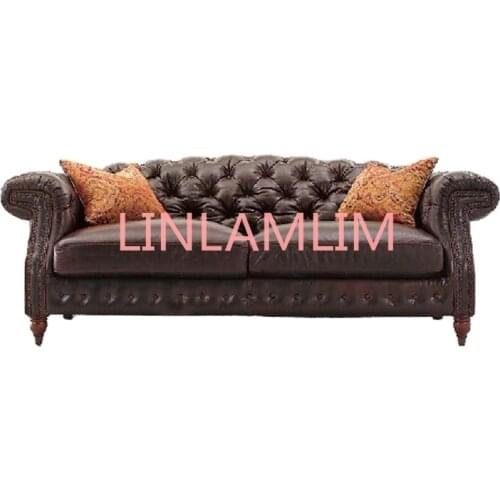 Chesterfield living room Sofa genuine cow leather couch Nordic American top grade leather buttons muebles de sala cama puff asie