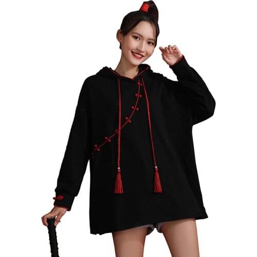 Fleece Women Long Hooded Sweatshirt Black Solid Casual Drawstring Pullover Hoodies 2020 Winter Long Sleeve Chinese Style Tops