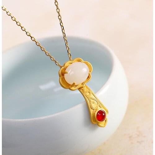 Fashionable and Exquisite Chinese Style Womens Necklace S925 Silver Gold-plated Hetian Jade Wishful Pendant Necklace