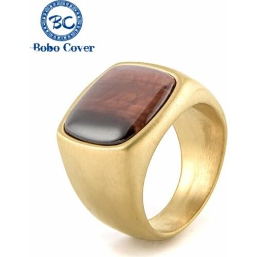 Mens Rings High Quality Titanium Steel Stainless Steel Fashion Rings Inlay Tigers Eye Stones Natural Black Agate Stone Jewelry