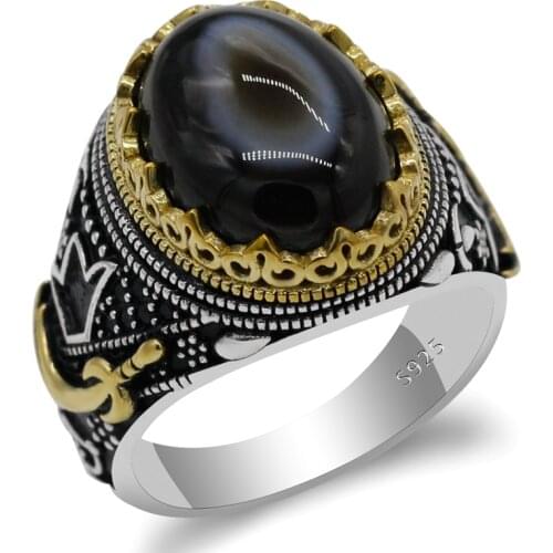 New Classic Punk Mens Natural Agate Ring 925 Sterling Silver Zircon Dagger Turkish Ring Mens Husband Jewelry Gift