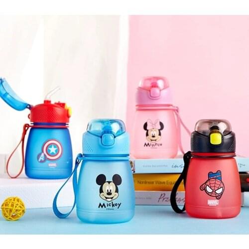 390mL Disney Mickey Minnie Cartoon Water Cup Stritan Pudding Straw Bottle Potable Baby Kettle Girl Boy School Drinkware Mug Gift
