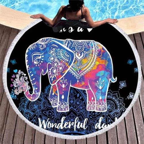 Elephant Printed Microfiber Towel Beach Towel for Adult Yoga Mat Tassel Large Round Towel Cotton 150cm Tapestry Home Decor