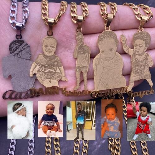 Gold Plated Cartoon Name Pendent Necklace For Kids Custom Personal Photo Picture Portrait Nameplate Pendent For Family Gift