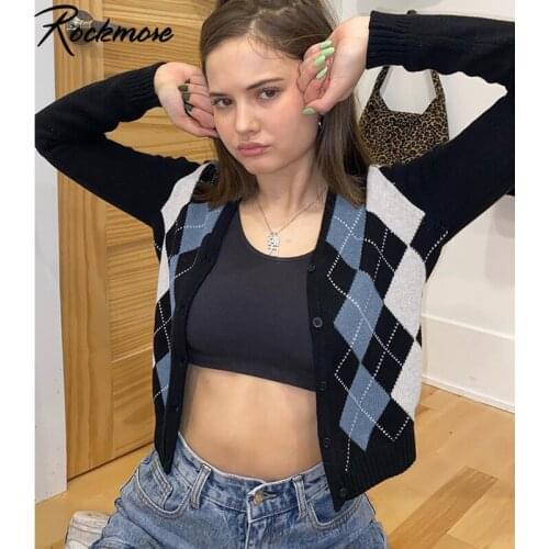 Rockmore Vintage V Neck Argyle Sweater Knitting Cardigan Women Plaid Sweater Autumn Long Sleeve Outerwear England Style Tops