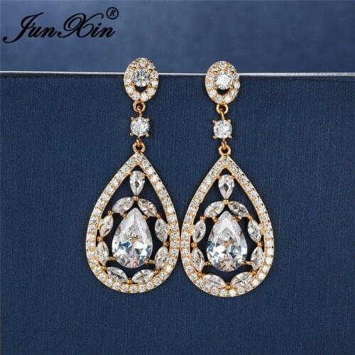 Bohemian Full Crystal Water Drop Dangle Earrings For Women Luxury White Zircon White Gold Rose Gold Wedding Earrings Jewelry Cz