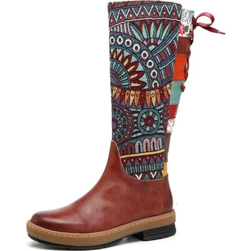 Vintage Mid-calf Boots Women Shoes Bohemian Retro Genuine Leather Motorcycle Boots Printed Side Zipper Back Lace Up Botas R2-52