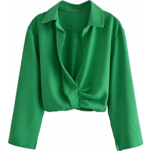 TRAF Women Shirt Za 2021 Green Crop Top Female Fashion Ruched Long Sleeve White Summer Tops Pleats Elegant Chic Woman Blouse